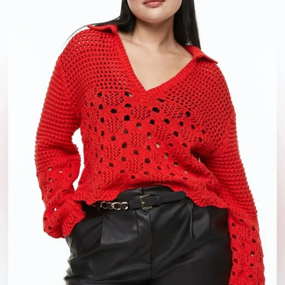 H&M sweater crochet pointelle knit cotton long sleeve top scalloped collar - Picture 6 of 7